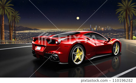 Powerful red sports car speeding through palm trees at night. Generative AI Powerful red sports car speeding through palm trees at night. Generative AI 110196282