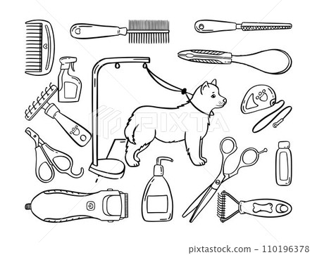 Pet grooming set. Salon for animals. Doodle style animal and character hand drawn. Vector illustration. 110196378