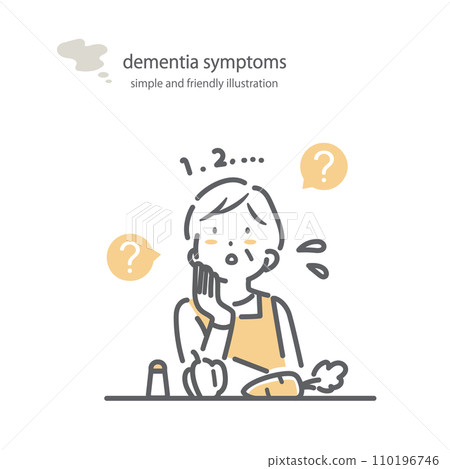 A senior woman with dementia who can't remember the steps to cook. Symptoms of dementia. Simple and stylish line drawing illustration. 110196746