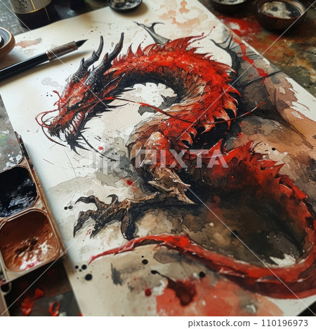 Painting of red dragon. Dragon year concept. 110196973