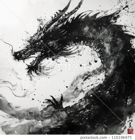 Black and white painting of a dragon. Year of the dragon concept 110196975