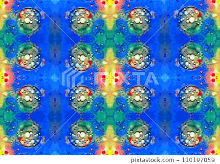 An abstract drawing created by combining many drawings in a photo editor. Collage of drawings of air bubbles on a blue background. 110197059