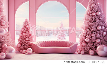 AI-generated content. Pink living room interior with sofa, chic Christmas tree and gift boxes. Classic interior in pink shades. Creative Christmas background. 110197138