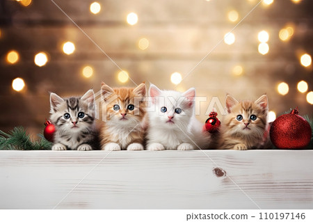 AI-generated content. Christmas banner with cute kittens. Group cats with red Santa hats above white banner looking at camera. Christmas signboard or gift card for pet shop or vet clinic. 110197146