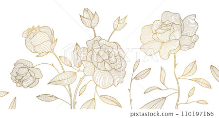 Vector gold line flower pattern, luxury art background. Leaves and roses abstract wallpaper, texture plant ornament, wedding illustration Vector gold line flower pattern, luxury art background. Leaves and roses abstract wallpaper, texture plant ornament, wedding illustration 110197166