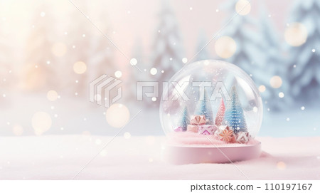AI-generated content. Snow globe with wintry scene, miniature trees and pastel-colored ornaments. Christmas banner with copy space. Winter wonderland background, magical and festive atmosphere. AI-generated content. Snow globe with wintry scene, miniature trees and pastel-colored ornaments. Christmas banner with copy space. Winter wonderland background, magical and festive atmosphere. 110197167