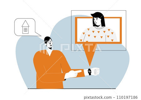 A young man talks to a projection of a person that appears from a bracelet on a video call. 110197186