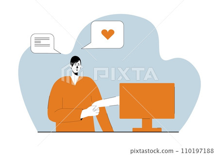 Man connecting with people via internet. A man shakes hands that stretches from a computer monitor. Vector illustration 110197188