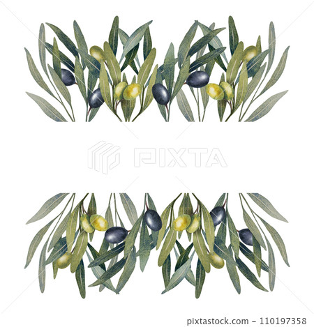 Frame with watercolor olive tree branch with leaves and olives fruit with space for text isolated on white. Hand painted floral illustration for wedding stationary, greetings, cards, tableware design Frame with watercolor olive tree branch with leaves and olives fruit with space for text isolated on white. Hand painted floral illustration for wedding stationary, greetings, cards, tableware design 110197358