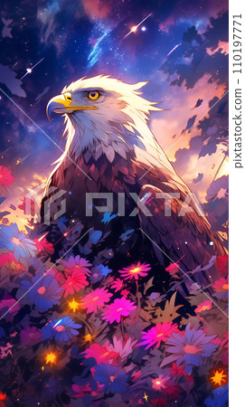 手绘卡通夜晚星空下花丛中的白头鹰插画 110197771