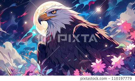 手绘卡通夜晚星空下花丛中的白头鹰插画 110197779