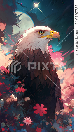 Hand drawn cartoon illustration of bald eagle among flowers under the starry sky at night 110197785