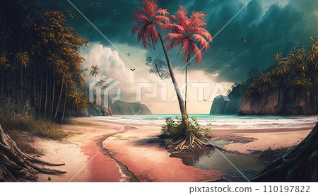 Tropical jungle on the ocean shore. Paradise landscape. Generative AI 110197822