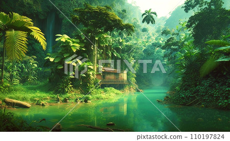 Tropical jungle with river. Green scenery of paradise forest. Generative AI 110197824