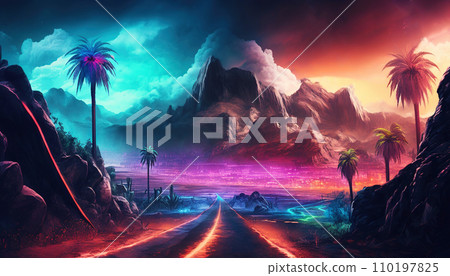 Palm trees in the desert with mountains on background. Neon colored synthwave landscape. Generative AI 110197825