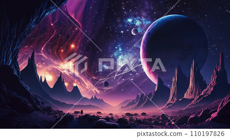 Distant neon galaxy in space. Stars, nebulas and dark matter. Generative AI 110197826