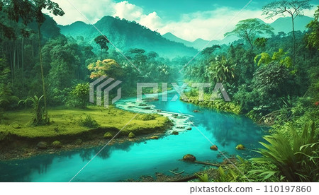 Tropical jungle with river. Green scenery of paradise forest. Generative AI 110197860