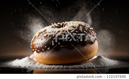 Super delicious donut powdered with sugar on dark background. Generative AI 110197890