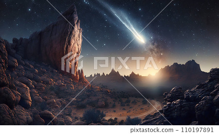 Comet fly by the bright star viewed from the plant surface. Beauty of universe. Generative AI 110197891