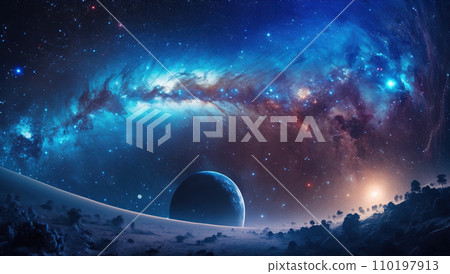 Distant bluish galaxy in space. Stars, nebulas and dark matter. Generative AI Distant bluish galaxy in space. Stars, nebulas and dark matter. Generative AI 110197913