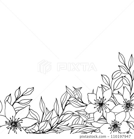 square template with plant composition. vector hand drawn flower, leaves, branch. Elegant frame for wedding cards, background. ink monochrome botanical illustration for polygraph, web sites. square template with plant composition. vector hand drawn flower, leaves, branch. Elegant frame for wedding cards, background. ink monochrome botanical illustration for polygraph, web sites. 110197947