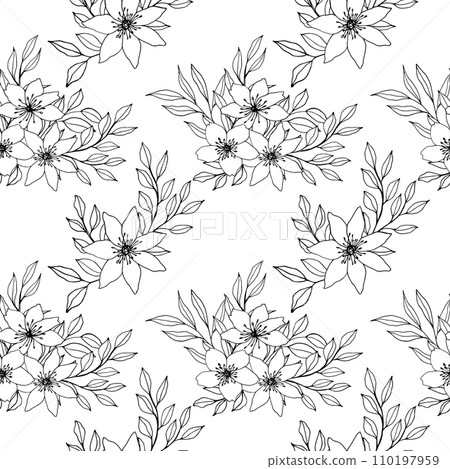 Seamless pattern with vector hand drawn flower, leaves and branch composition. Elegant print for decoration. ink hand drawing monochrome botanical illustration for backgrounds Seamless pattern with vector hand drawn flower, leaves and branch composition. Elegant print for decoration. ink hand drawing monochrome botanical illustration for backgrounds 110197959