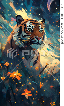 手绘卡通夜晚星空下花丛中的老虎插画 110198345