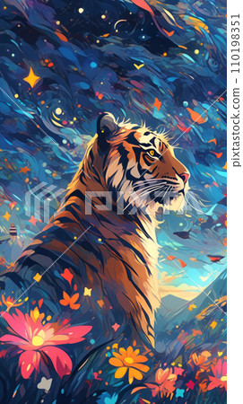 手绘卡通夜晚星空下花丛中的老虎插画 110198351