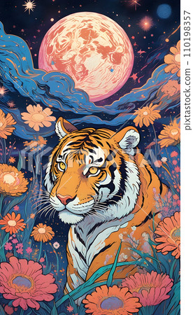 手绘卡通夜晚星空下花丛中的老虎插画 110198357