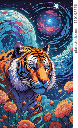 手绘卡通夜晚星空下花丛中的老虎插画 110198366