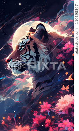 手绘卡通夜晚星空下花丛中的老虎插画 110198367