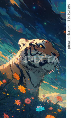 手绘卡通夜晚星空下花丛中的老虎插画 110198369