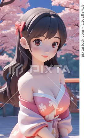 手绘卡通夏日里可爱的女孩插画 110198419