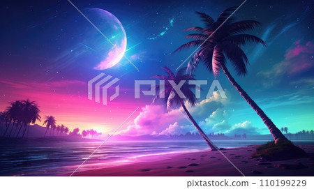 AI-generated content. Palm trees on the beach with beautiful pink and blue aurora, nature concept 110199229