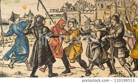 Medieval style illustration of the battle scene. Medieval style illustration of the battle scene. 110199553
