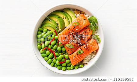Poke bowl with salted salmon, avocado, edamame beans Poke bowl with salted salmon, avocado, edamame beans 110199595