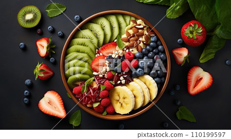 Healthy fresh fruit salad bowl on dark background. Healthy fresh fruit salad bowl on dark background. 110199597
