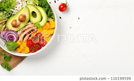 Buddha bowl dish on white background, top view Buddha bowl dish on white background, top view 110199599