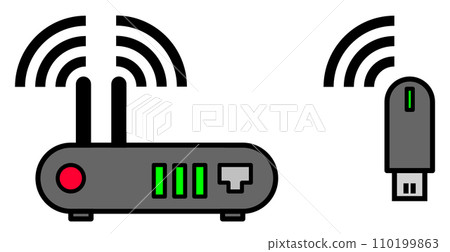 Illustration of a WIFI router that wirelessly connects a computer to the Internet for communication 110199863