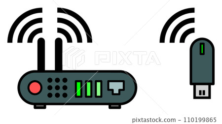 Illustration of a WIFI router that wirelessly connects a computer to the Internet for communication 110199865