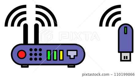 Illustration of a WIFI router that wirelessly connects a computer to the Internet for communication 110199866