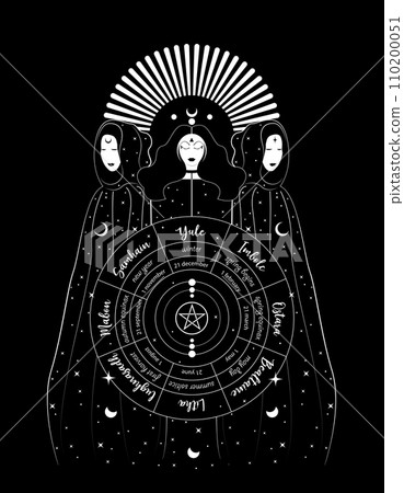 Mystical triple goddess, priestesses in wheel of the Year is an annual cycle of seasonal festivals. Wiccan calendar and holidays. Gothic Witch wiccan female sacred design. Vector isolated on black Mystical triple goddess, priestesses in wheel of the Year is an annual cycle of seasonal festivals. Wiccan calendar and holidays. Gothic Witch wiccan female sacred design. Vector isolated on black 110200051