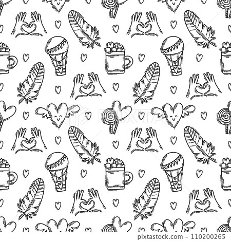The love theme doodle style seamless pattern in black and white The love theme doodle style seamless pattern in black and white 110200265