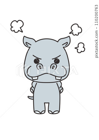 Illustration of a cute hippo angry with his hands on his hips, whole body, white background, vector, clip art, with main line 110200763
