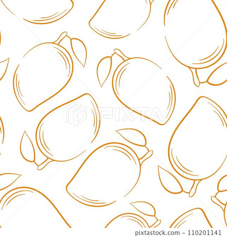 Mango seamless pattern in line art style. Hand drawn mango background. Vector illustration on a white background. 110201141