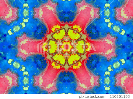 Abstract drawing of a pink star-like figure on a blue background. 110201193
