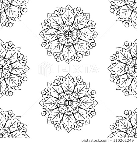 Seamless pattern with hand drawn linear classic floral rosettes Seamless pattern with hand drawn linear classic floral rosettes 110201249