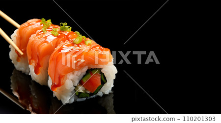 AI-generated content. Chopsticks hold sushi roll with salmon, black background with copy space. AI generated 110201303