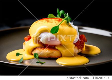AI-generated content. Classic egg Benedict on black plate, AI generated 110201304