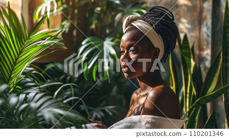 woman in a room with tropical green plants woman in a room with tropical green plants 110201346